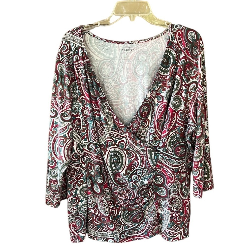 Talbots 2X Stretch Jersey Knit Paisley Surplice 3/4 Sleeve Blouse Wine Cream